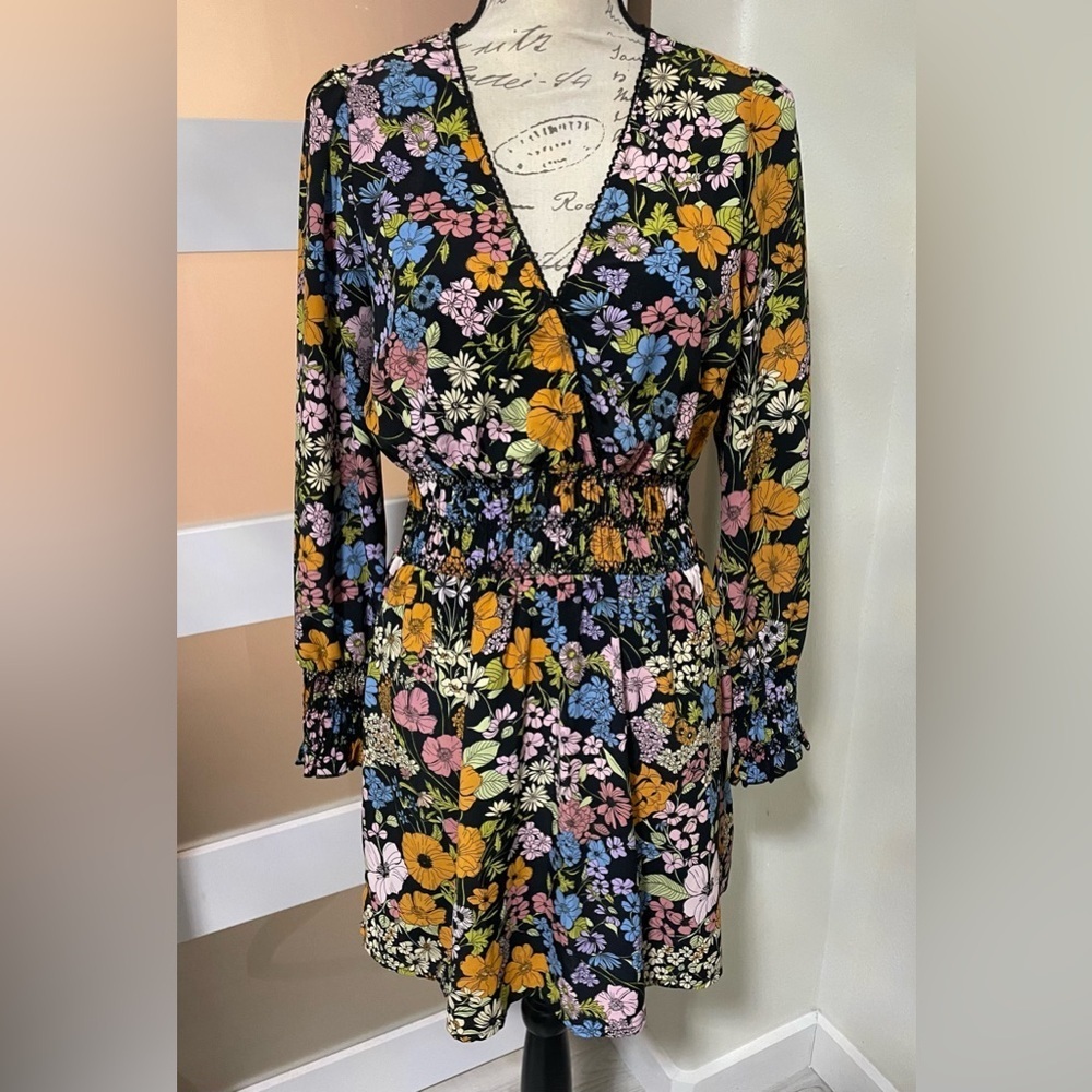 💎 Anthropologie Wayf Yellow and Blue Floral Print Bishop Sleeve V-Neck Sundress